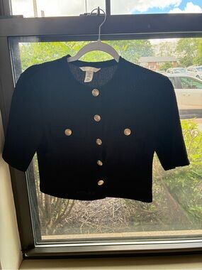 H&M Black Cropped Short-Sleeve Cardigan with Gold Buttons